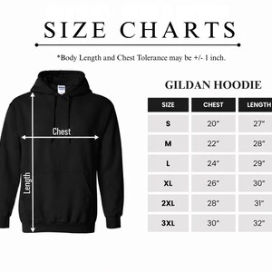 a black hoodie with measurements and size charts for different body lengths and chest sizes.