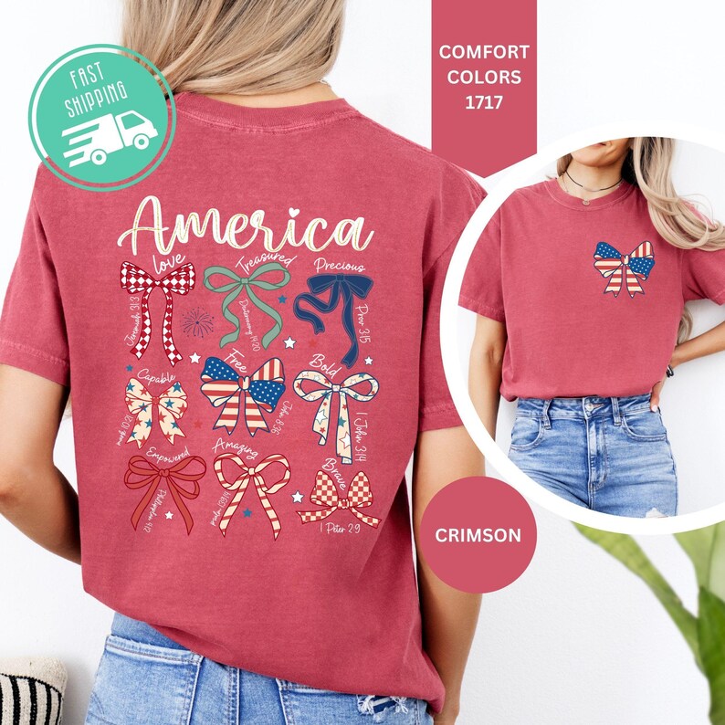 Comfort Colors America Bow Shirt, Patriotic Coquette Bow Tee, 4th Of July Outfit image 7