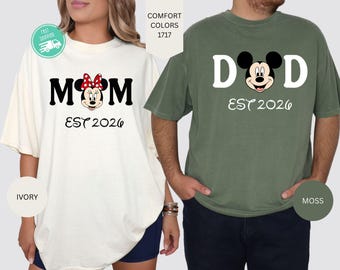 Camisetas familiares Disney personalizadas de Comfort Colors, camisetas Disney para mamá y papá, camiseta Minnie para mamá, camiseta Mickey para papá, camiseta Disney para pareja, regalo para nuevos padres