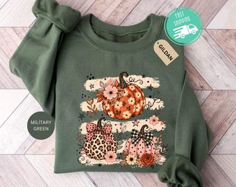 Boho Pumpkin Sweatshirt, Fall Pumpkin Sweater, Autumn Cottagecore, Harvest Season Pullover, Thanksgiving Crewneck