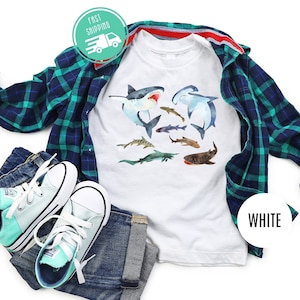 Watercolor Shark Shirt, Cute Shark Kids Shirt, Funny Shark Shirt, Shark Species Tee, Shark Graphic Tee, Shark Lover Gift, Christmas Gift