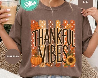 Comfort Colors Thankful Vibes Shirt, Polka Dot Thanksgiving T-shirt, Pumpkin Season Tee