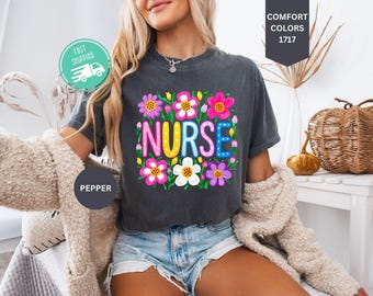 Comfort Colors Nurse Shirt, Floral RN Tee, Nurse Gift