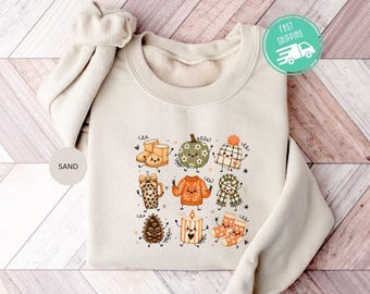 Fall Doodles Sweatshirt, Autumn Season Sweater, Coffee Lover Gift, Fall Vibes Hoodie, Thanksgiving Crewneck