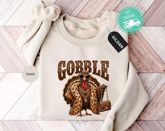 Leopard Turkey Sweatshirt, Gobble Turkey Sweater, Funny Thanksgiving Hoodie, Thankful Women Crewneck