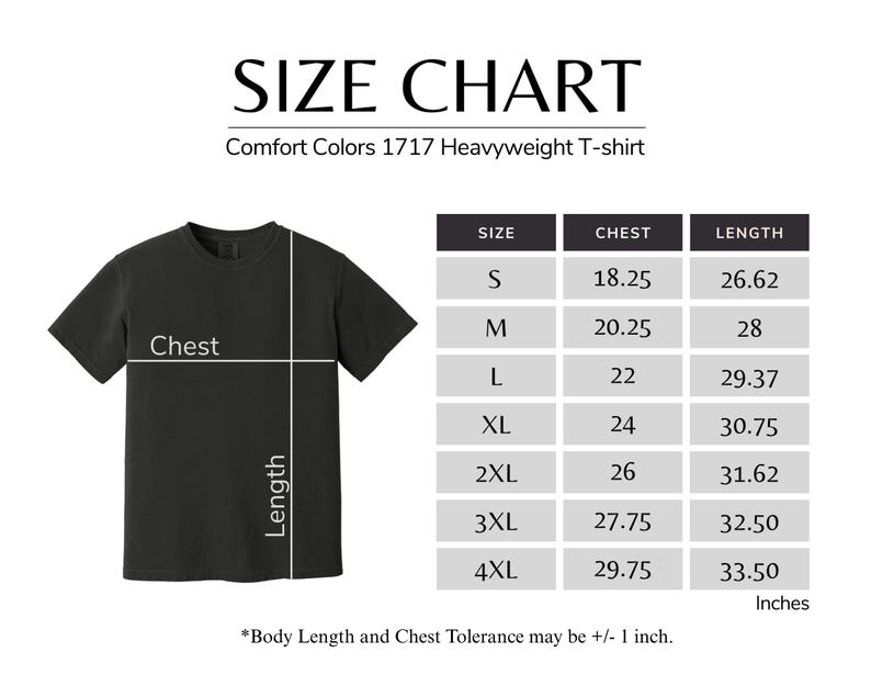 The image is a size chart for a black t-shirt, providing measurements for different chest sizes.