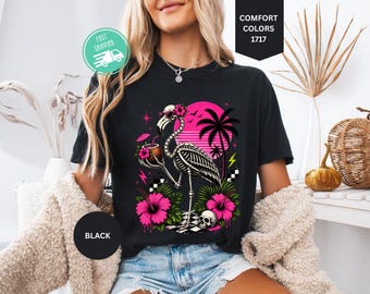 Comfort Colors Retro Skeleton Flamingo Summerween Shirt, Tropical Goth Beach Vacation Tee, Spooky Summer  T-Shirt, Horror Halloween Tee