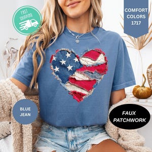 Chemise 4th of July en faux patchwork Comfort Colors, t-shirt coeur patriotique, pas de broderie