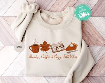 Books Coffee and Cozy Fall Vibes Sweatshirt, Autumn Reading Hoodie, Book Lover Gift