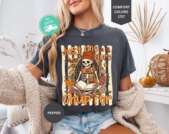 Comfort Colors® Fall Skeleton Reading Book Shirt, Just One More Chapter,  Autumn Bookish Tee