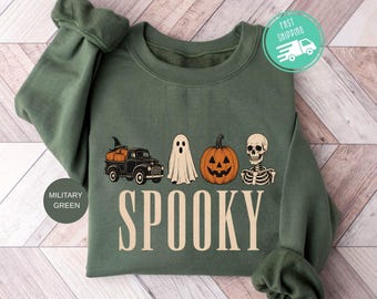 Spooky Halloween Sweatshirt, Pumpkin Season Sweater, Fall Halloween Truck, Ghost Skeleton Hoodie