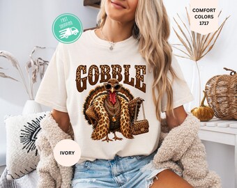 Comfort Colors® Leopard Turkey Shirt, Gobble Turkey T-shirt, Thanksgiving Women Tee, Trendy Thankful Shirts