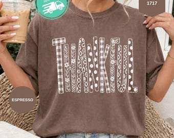 Comfort Colors® Patchwork Thankful Shirt, Distressed Fall T-shirt, Floral Thanksgiving Tee, Autumn Apparel