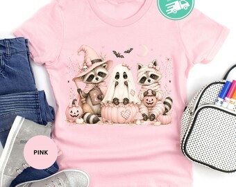 Halloween Raccoon Kids Shirt, Pink Coquette T-shirt, Spooky Season Tee, Halloween Girl Gift