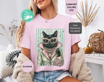 Comfort Colors Glam Cat Shirt, Preppy Black Cat T-shirt, Animal Print Graphic Tee