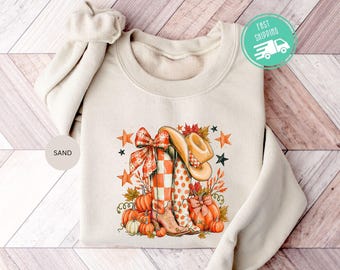 Cowboy Boots Checkered Fall Sweatshirt, Fall Pumpkin Hoodie, Western Cowgirl Autumn Sweater