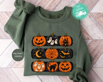 Halloween Pumpkin Sweatshirt, Vintage Spooky Pumpkin Collage Hoodie, Trendy Fall Sweater