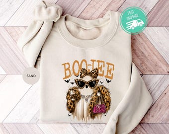 Boo Jee Leopard Print Ghost Sweatshirt, Womens Halloween Sweatshirt, Spooky Season Hoodie