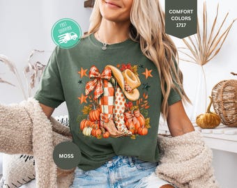 Comfort Colors® Cowboy Boots Checkered Fall Shirt, Fall Pumpkin T-Shirt, Western Cowgirl Autumn Tee