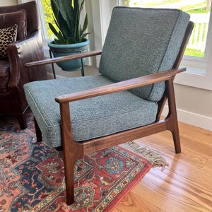 Handcrafted Mid Century Modern Lounge Chair – Walnut Wood & Cane Back Upholstered Armchair