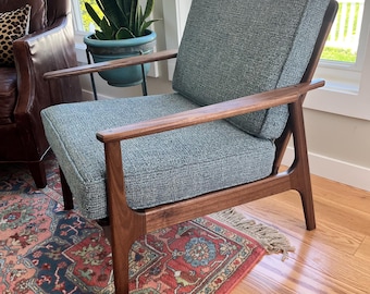 Handcrafted Mid Century Modern Lounge Chair – Walnut Wood & Cane Back Upholstered Armchair
