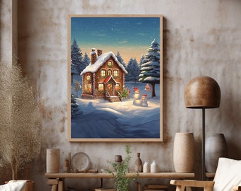 May include: A digital painting of a gingerbread house with lit windows, surrounded by snow and pine trees. Two snowmen stand in front of the house, one with a red scarf and the other with a blue scarf.