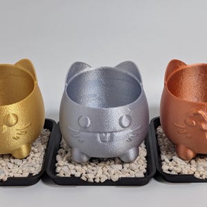 May include: Three cat-shaped planters in gold, silver, and copper colors. Each planter sits on a black tray filled with small, white pebbles. The planters have a cute, cartoonish design with ears and facial features.