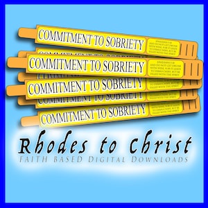 May include: A stack of yellow rectangles with the words "COMMITMENT TO SOBRIETY" printed on them. The rectangles have a light orange handle. The text "Rhodes to Christ" and "FAITH BASED DIGITAL DOWNLOADS" are also visible.