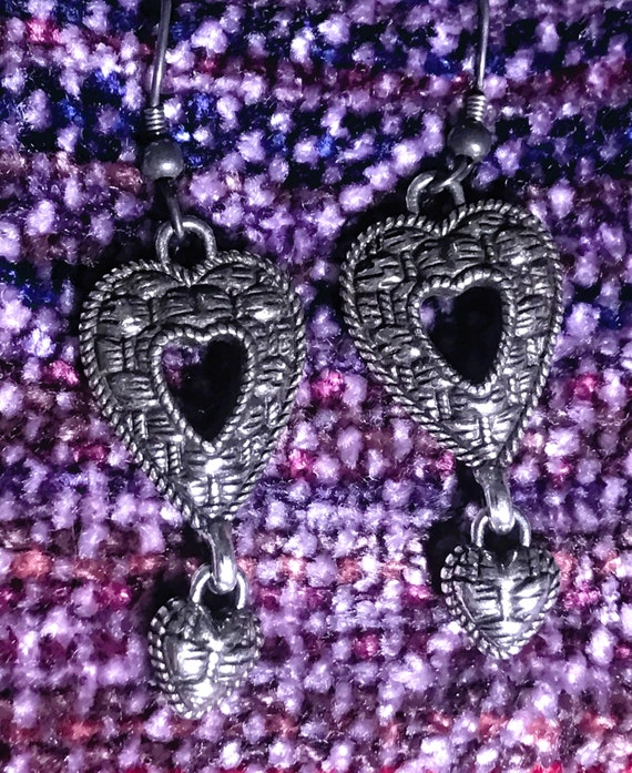 Vintage Heart Earrings, Silver, Handmade