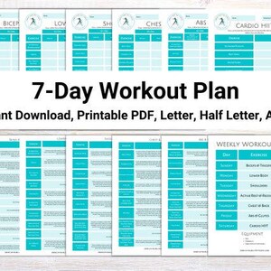 Pode incluir: Um conjunto de folhas de plano de treino imprimíveis com um esquema de cores verde-azulado e branco. O título "7-Day Workout Plan" é exibido de forma proeminente. As folhas incluem seções para diferentes grupos musculares e um plano de treino semanal.