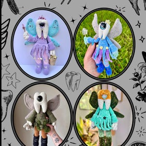 May include: Four crochet dolls with tooth-shaped heads, each featuring a single large eye, wings, and colorful outfits. The dolls are displayed in circular frames against a gray background with the text Fester Appreciation and tooth illustrations.