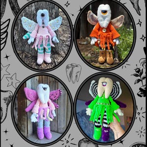 May include: Four handmade crochet dolls shaped like teeth with wings and multiple arms. Each doll features a unique color scheme, including pink, orange, purple, and neon green, with various patterns on their clothing, wings, and legs.