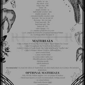 May include: A crochet pattern document titled TERMINOLOGY (US) and MATERIALS, featuring black and white illustrations of teeth and stars. The text lists crochet abbreviations, yarn colors like Black Sesame Ice Cream, and tools including 4mm and 3.5mm hooks, 30mm safety eyes, fiberfill, and optional items like 12mm buttons and foam board.