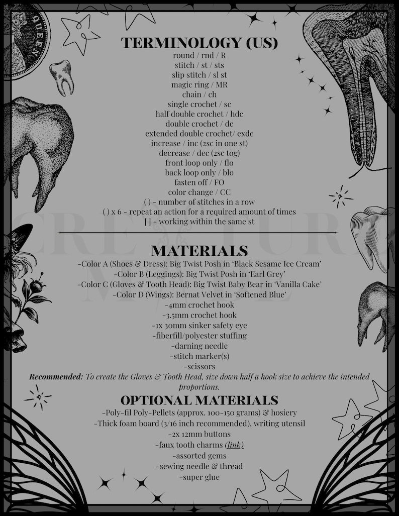 May include: A crochet pattern document titled TERMINOLOGY (US) and MATERIALS, featuring black and white illustrations of teeth and stars. The text lists crochet abbreviations, yarn colors like Black Sesame Ice Cream, and tools including 4mm and 3.5mm hooks, 30mm safety eyes, fiberfill, and optional items like 12mm buttons and foam board.