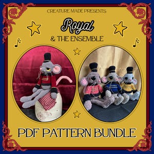 May include: A promotional image for a PDF pattern bundle featuring crocheted mice dressed in military-style outfits. The image has a yellow background with the text "CREATURE MADE PRESENTS Royal & The Ensemble" and "PDF PATTERN BUNDLE".