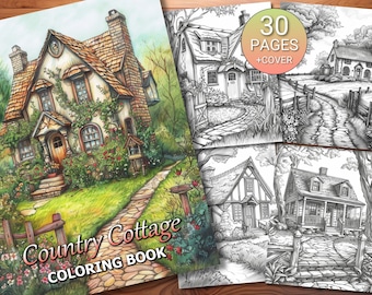 30 Country Cottage Kolorowanka Strona - Dorośli + Dzieci - Natychmiastowe Pobieranie - Kolorowanka Skala Szarości - Wydrukuj PDF