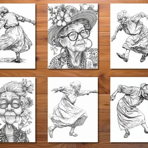 30 Groovin' Granny Coloring Page Book - Adults + Kids - Instant Download - Grayscale Coloring ...