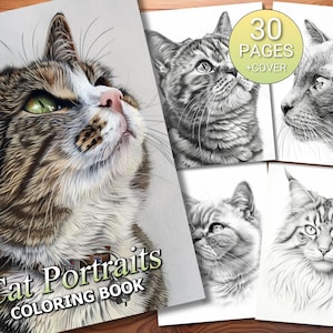 May include: A coloring book featuring detailed black and white illustrations of cats. The cover shows a close-up of a tabby cat looking up. The title of the book is "Cat Portraits Coloring Book". The book has 30 pages plus a cover.