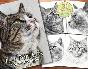 30 Cat Portraits Coloring Page Book - Adults + Kids - Instant Download - Grayscale Coloring Page - Printable PDF