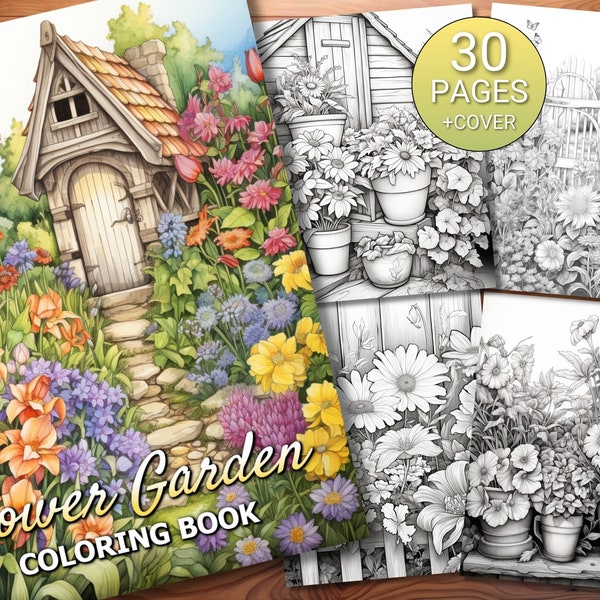 30 Flower Garden Coloring Page Book - Adults + Kids - Instant Download - Grayscale Coloring Page - Printable PDF