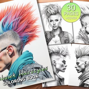 30 Mohawk Hairstyles Coloring Page Book - Adults + Kids - Instant Download - Grayscale Coloring Page - Printable PDF