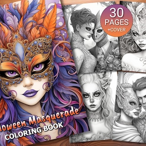30 Halloween Masquerade Coloring Page Book - Adults + Kids - Instant Download - Grayscale Coloring Page - Printable PDF
