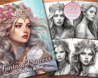 May include: A coloring book with a cover featuring a fantasy princess with a crown and flowing hair. The title of the book is "Fantasy Princess Coloring Book" and the text "30 Pages + Cover" is also visible.