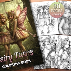Libro para colorear de 30 hadas gemelas - Adultos y niños - Descarga instantánea - Página para colorear en escala de grises - PDF imprimible