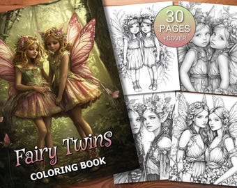 30 Fairy Twins Coloring Page Book - Adults + Kids - Instant Download - Grayscale Coloring Page - Printable PDF