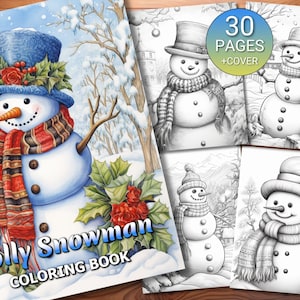 30 Jolly Snowman Coloring Page Book - Adults + Kids - Instant Download - Grayscale Coloring Page - Printable PDF