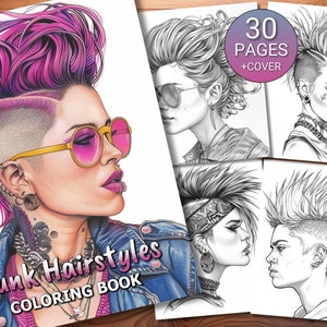 30 Punk Hairstyles Coloring Page Book - Adults + Kids - Instant Download - Grayscale Coloring Page - Printable PDF
