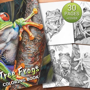 May include: A coloring book featuring a close-up of a green tree frog with red eyes on a tree trunk. The book cover has the title "Tree Frogs Coloring Book" and states that it includes 30 pages plus a cover.