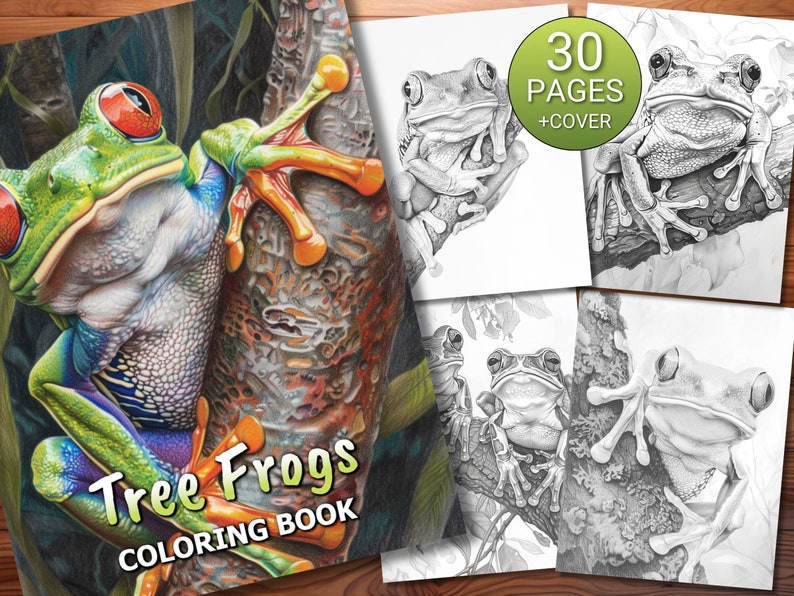 May include: A coloring book featuring a close-up of a green tree frog with red eyes on a tree trunk. The book cover has the title "Tree Frogs Coloring Book" and states that it includes 30 pages plus a cover.