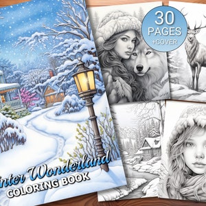 May include: A winter wonderland coloring book with 30 pages plus a cover. The cover features a snowy scene with a house, a lamppost, and a path. The book is perfect for adults and children who love to color.